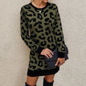 Crew Neck Leopard Sweater Dress